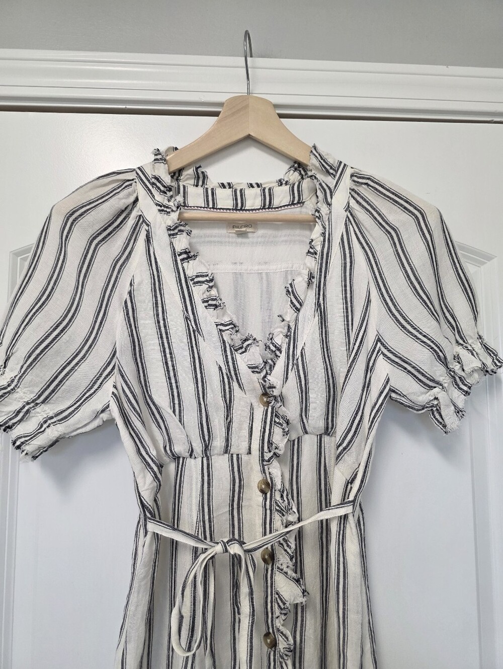 Anthropologie Linen Blend Striped Midi Dress Size 2 Cottagecore Prairie Blk Whit - Picture 4 of 11